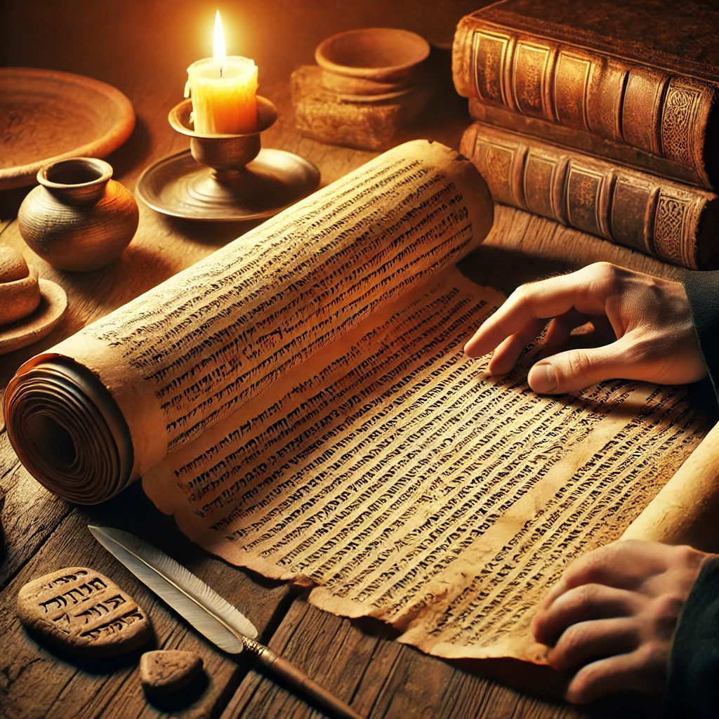 An ancient parchment scroll with faded Hebrew and Greek script, illuminated by candlelight, with old manuscripts and clay tablets in the background.