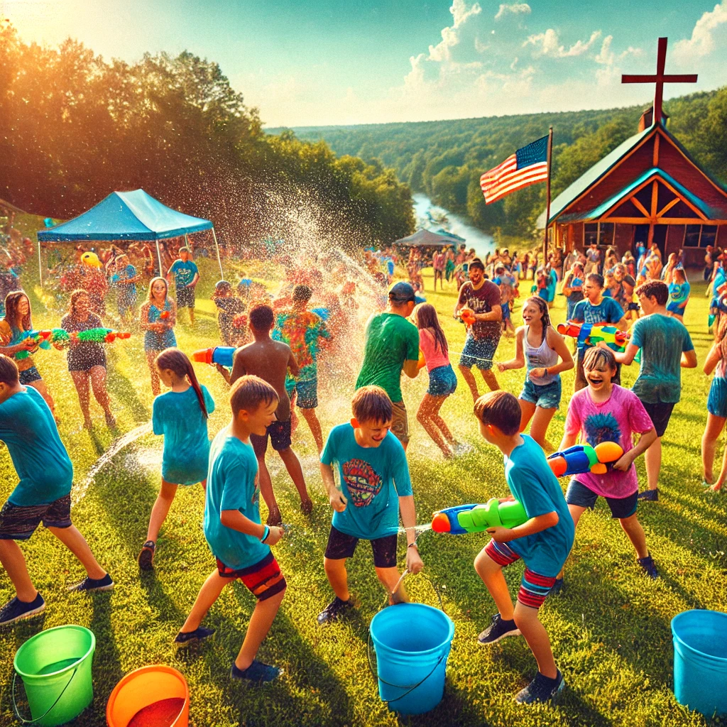 Children and teenagers at a Christian summer camp having a water fight, laughing and splashing under a bright blue sky, with a wooden cross and tents in the background.