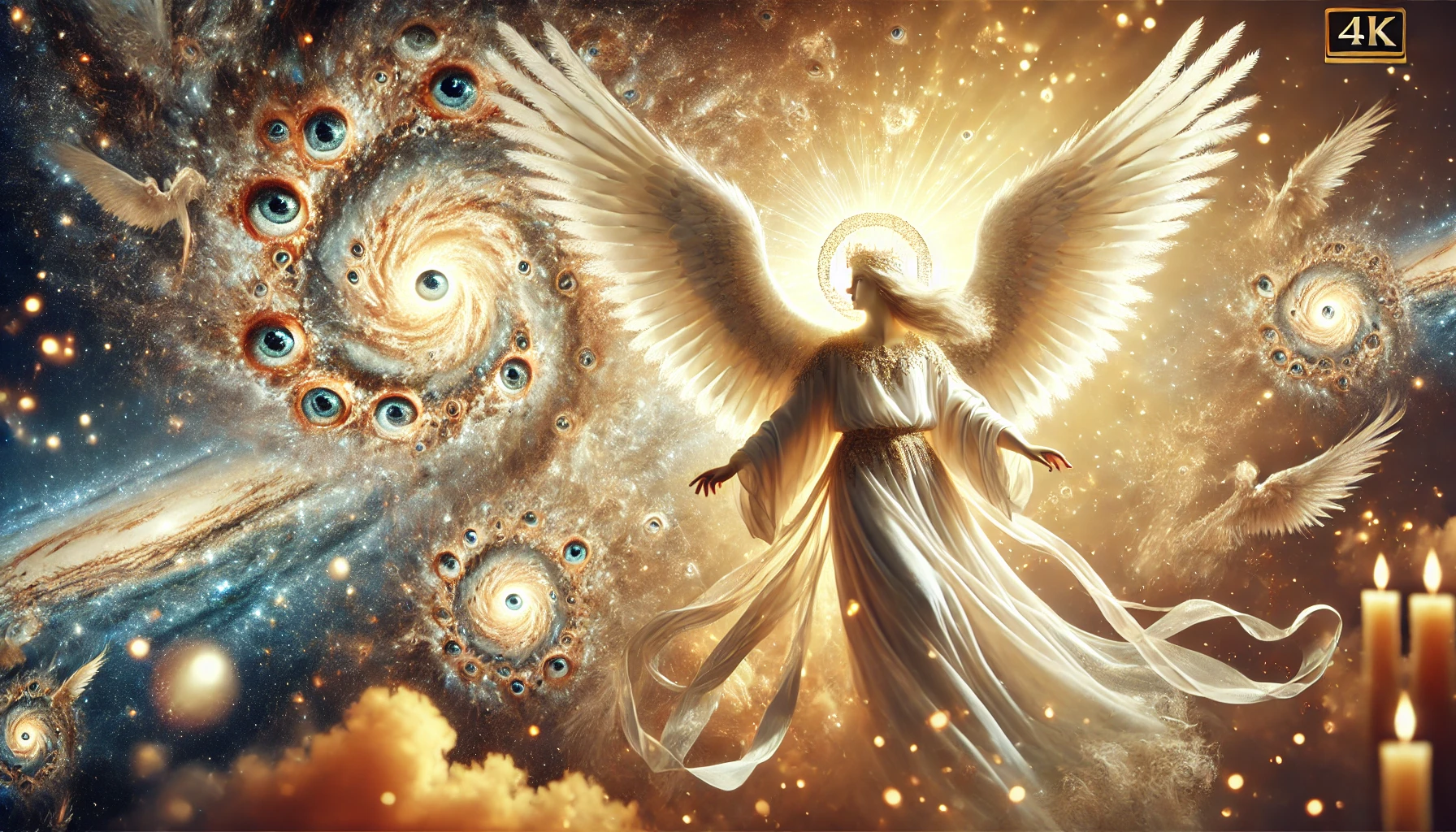 A vivid depiction of angels in a celestial setting, featuring both human-like and biblically accurate forms. The human-like angels have radiant halos, flowing robes, and large white wings, while the biblically accurate angels display multiple wings covered in eyes, glowing with divine light amidst a luminous sky filled with golden clouds.