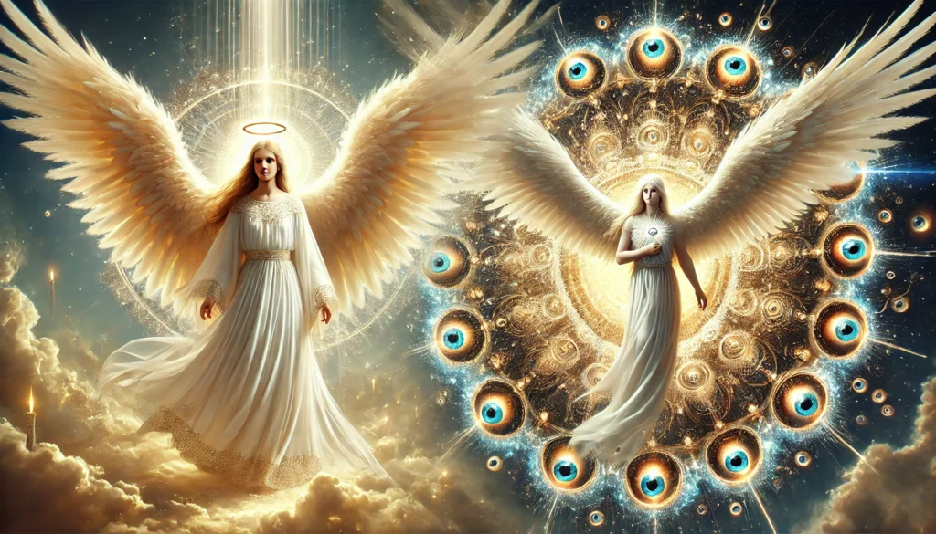 A 4K image of a human-like angel standing beside a biblically accurate angel. The human-like angel has flowing white robes, large feathered wings, a glowing halo, and a serene expression. The biblically accurate angel features multiple wings covered in countless eyes, radiant divine light, and abstract, celestial forms like glowing wheels within wheels. The background is a luminous sky filled with golden light and soft clouds, creating a divine atmosphere.