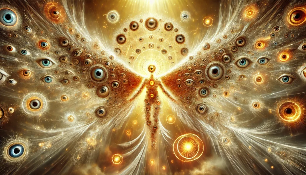 A striking 4K depiction of biblically accurate angels, featuring multiple wings adorned with countless eyes, radiant beams of divine light, and abstract forms like wheels within wheels glowing with celestial energy. The background is a luminous sky filled with golden and white light, enhancing the ethereal and otherworldly appearance.