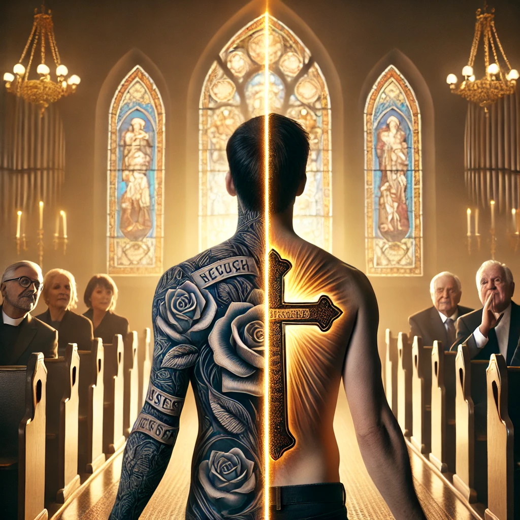  A symbolic image depicting the pros and cons of tattoos in church. On one side, a person with a Christian tattoo (a cross with scripture) is warmly welcomed into a sunlit church. On the other side, another person with tattoos faces judgmental expressions from traditional churchgoers, standing in a shadowy, cooler light.