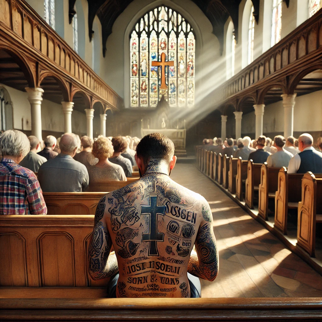  A person with visible Christian-themed tattoos, including a cross and scripture, sits in a wooden church pew with hands clasped in prayer. Sunlight streams through a stained-glass window, illuminating the scene. Some churchgoers appear welcoming, while others observe with reserved expressions, reflecting different perspectives on tattoos in religious spaces.