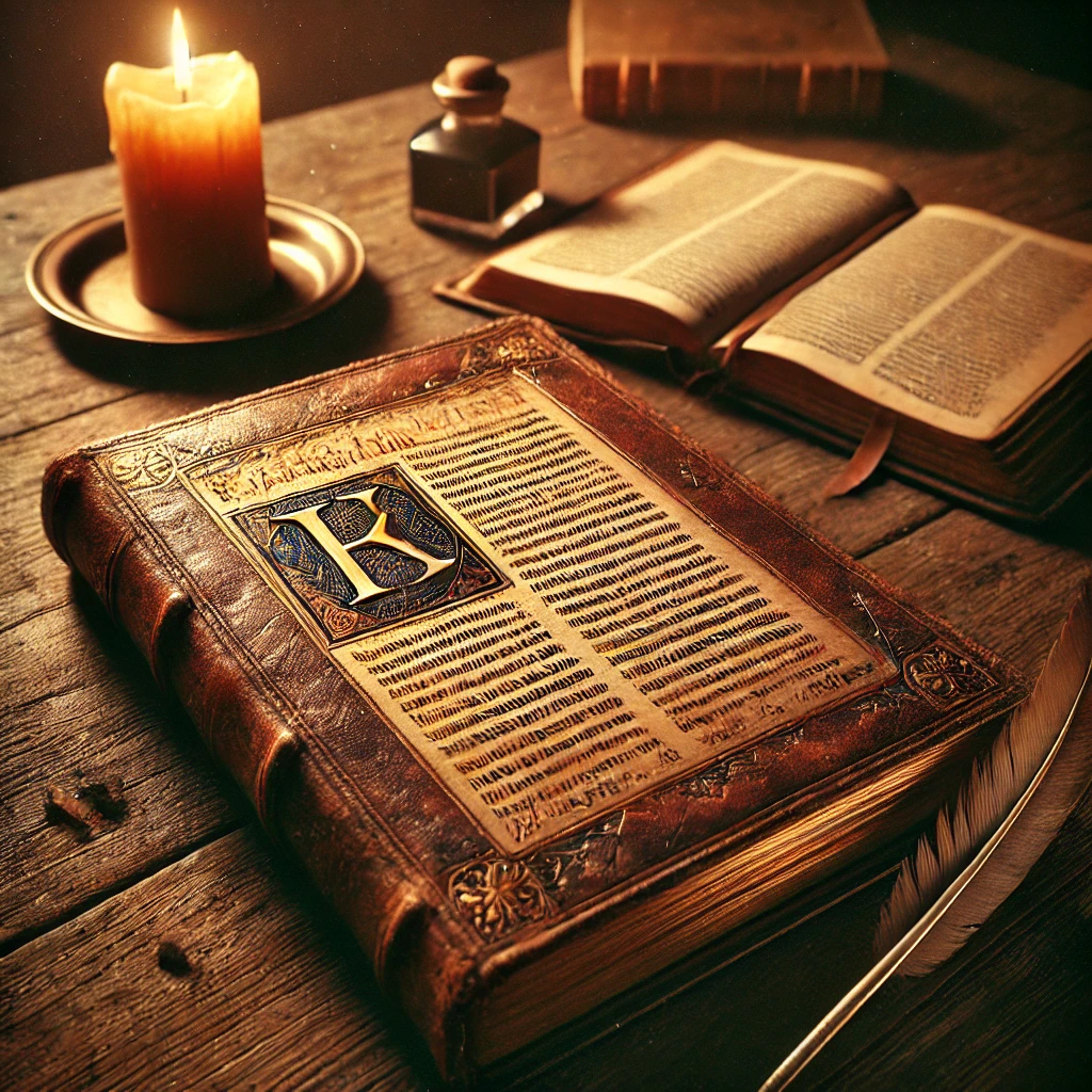 An ancient, leather-bound Bible with aged, slightly curled pages and illuminated text, resting on a rustic wooden table under warm candlelight. A quill pen and ink bottle are placed beside it.