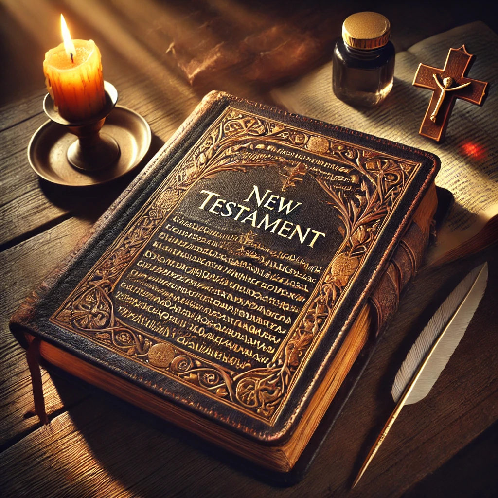 An antique New Testament with aged, handwritten pages in Greek or Latin script, resting on a wooden table with a small wooden cross and a quill pen beside it, illuminated by warm candlelight.