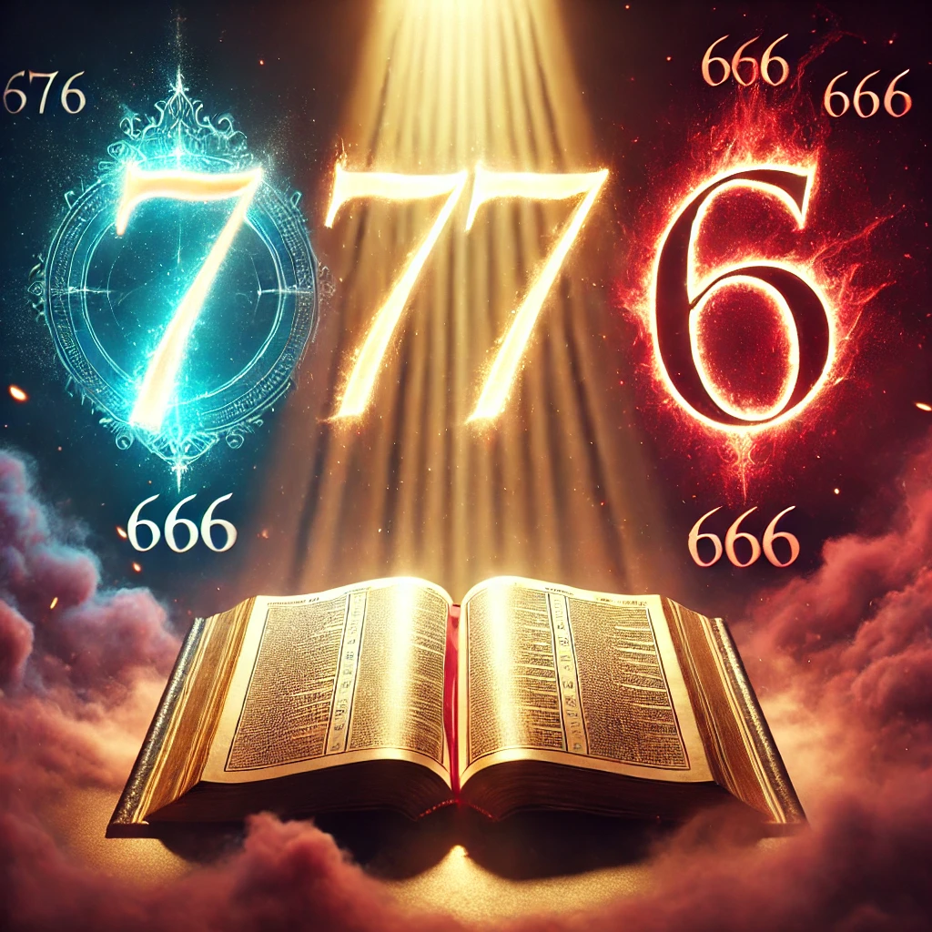 An open Bible glowing with golden light, with the number 777 in a blue aura symbolizing divine perfection, and the number 666 in a red mist representing temptation and evil.