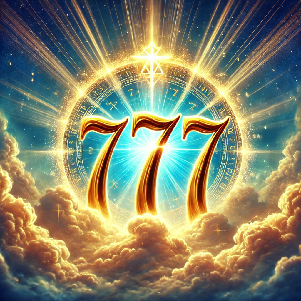 A glowing golden '777' set against a heavenly background with radiant clouds and beams of divine light, symbolizing the Holy Trinity.