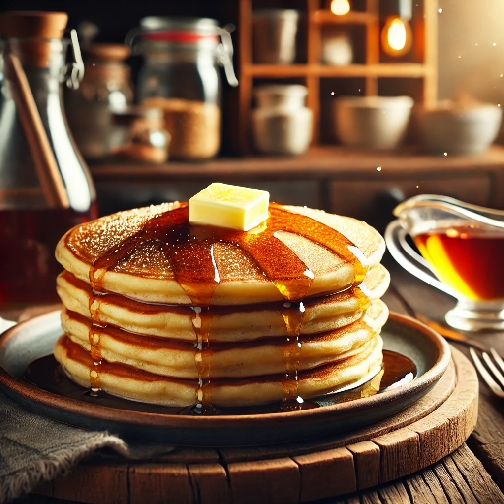 A stack of golden-brown pancakes with melted butter and maple syrup drizzling down, set on a rustic wooden table.