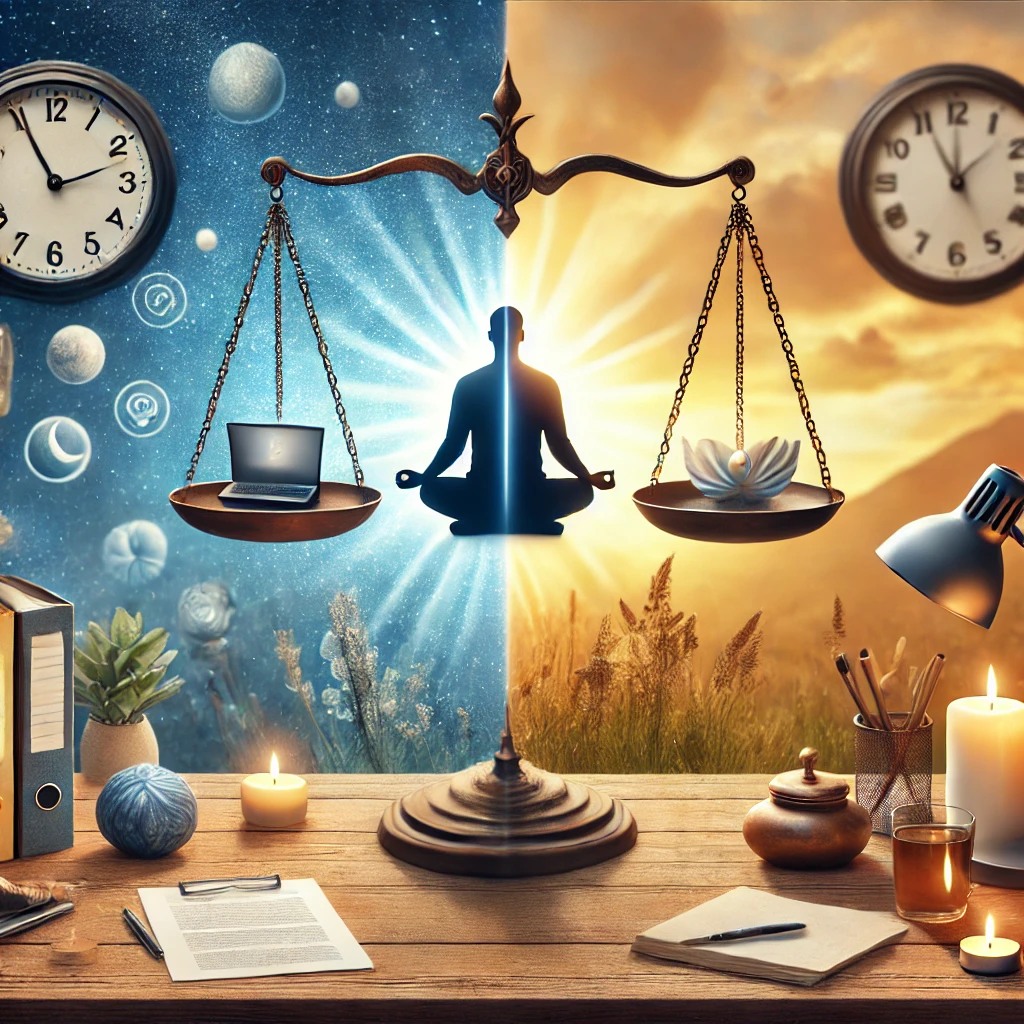 A person balancing work and spiritual life, with one side showing an office setting and the other a peaceful meditation scene, connected by a glowing balance scale.