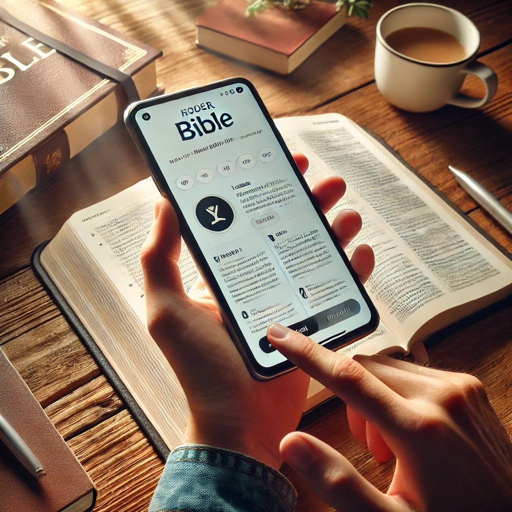 A smartphone displaying a Bible app is placed on a wooden table beside a physical Bible, a notebook, and a cup of coffee. A hand is scrolling through a passage on the screen.