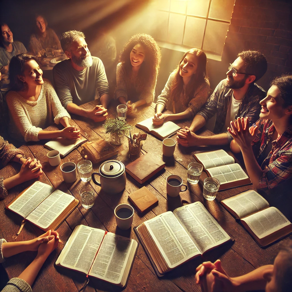 A diverse Bible study group gathered around a table with open Bibles, notebooks, and coffee, engaged in discussion and fellowship.