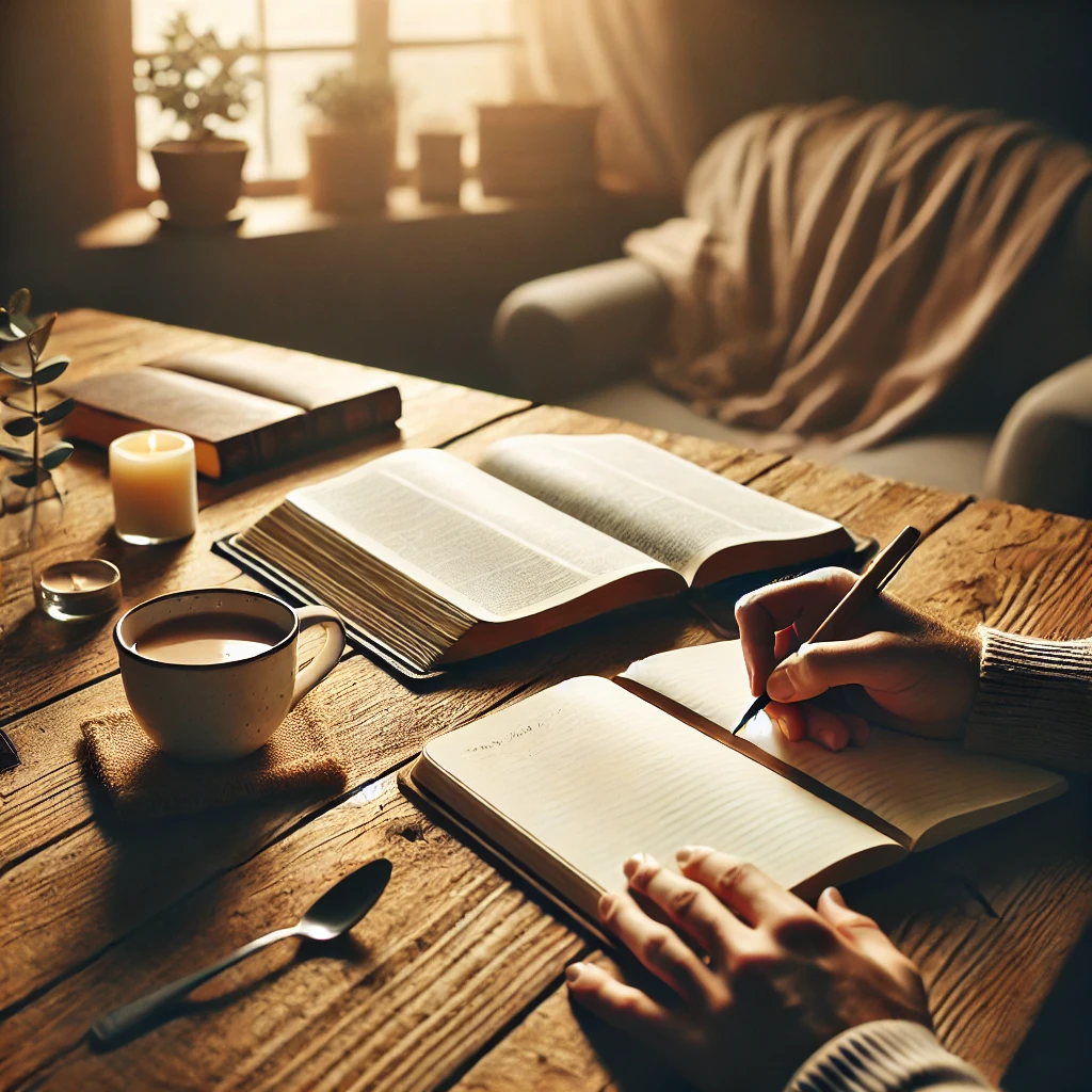 A cozy Bible study setup featuring an open Bible, a notebook, and a cup of coffee on a wooden table. Soft natural light filters through a nearby window, creating a warm and peaceful atmosphere.