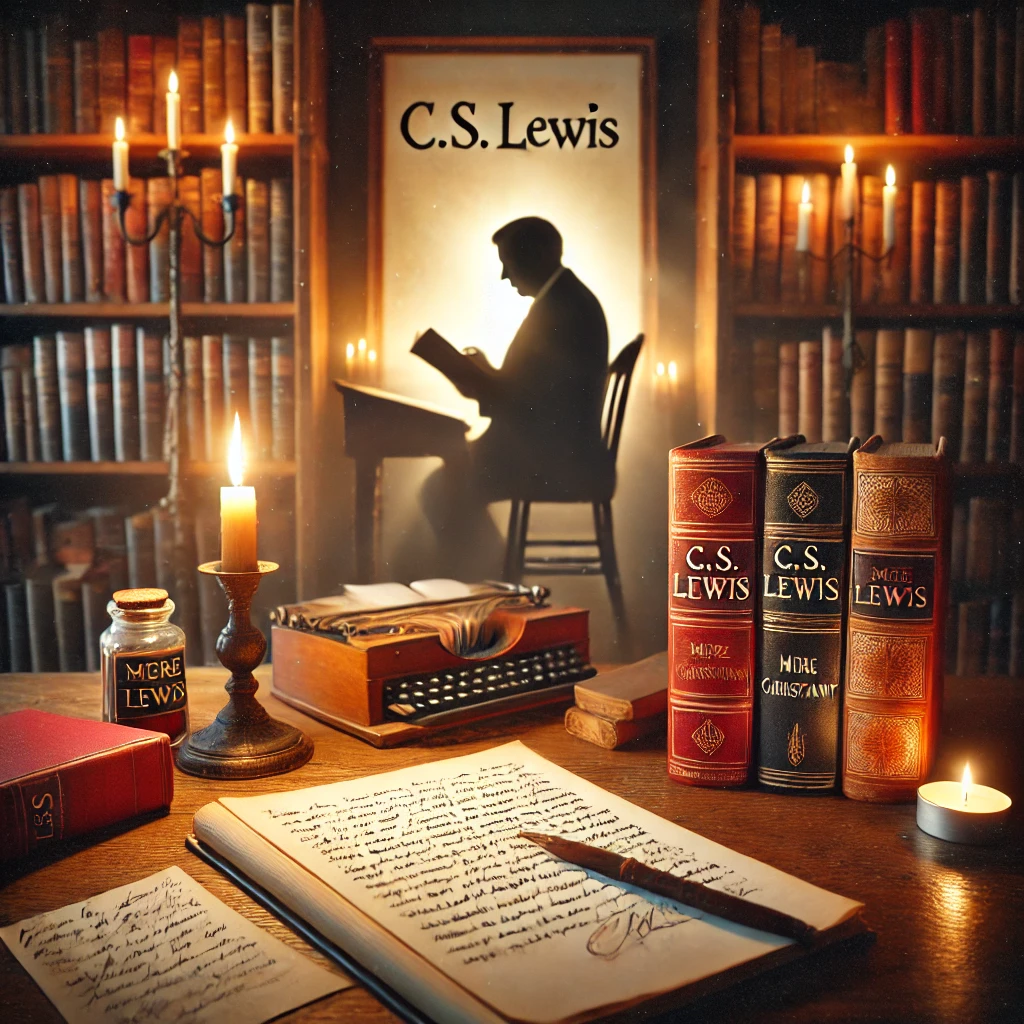 A vintage wooden desk with an open book and handwritten notes, a warm-lit bookshelf filled with C.S. Lewis' works, and a soft silhouette of him writing by candlelight.