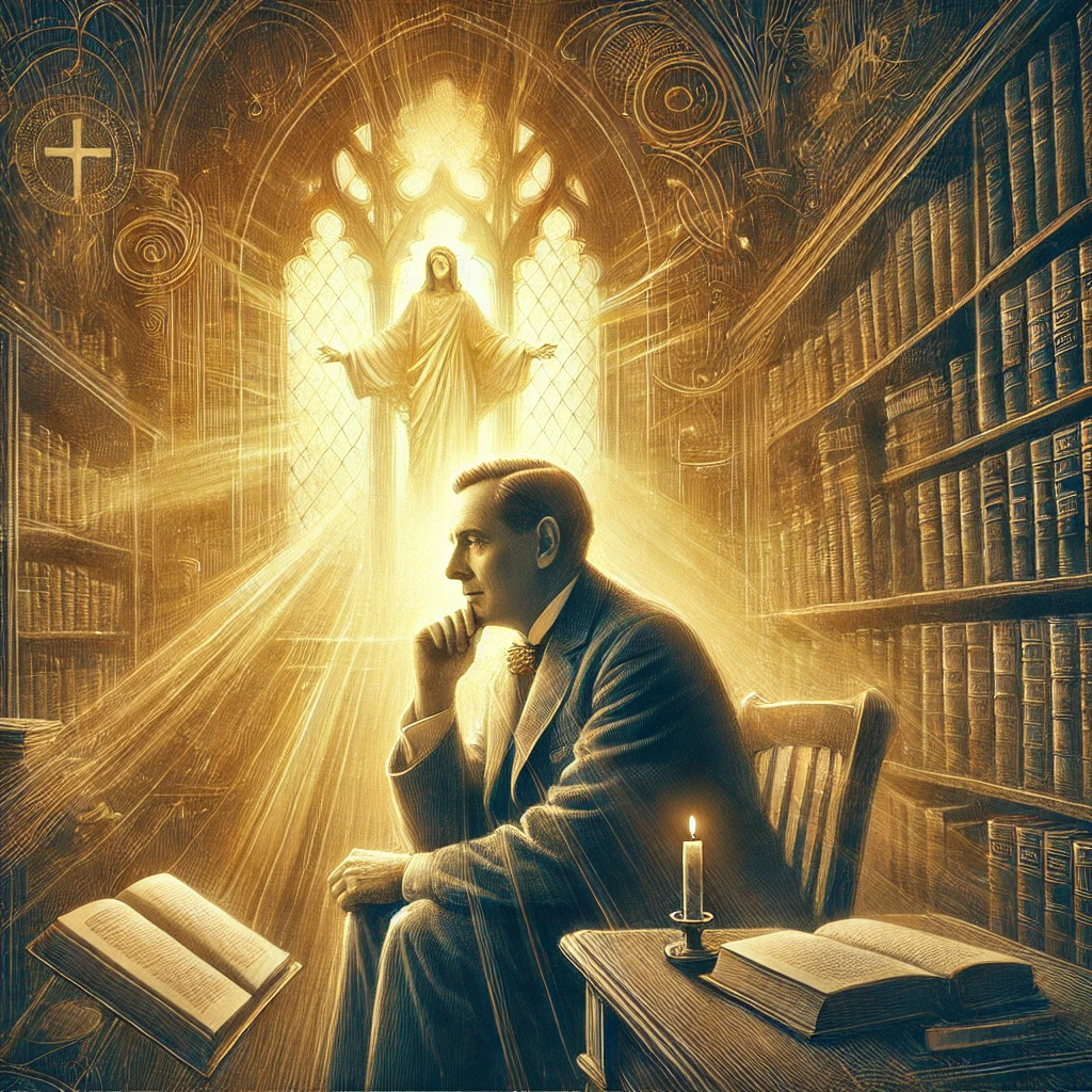 An artistic representation of C.S. Lewis sitting in a study, surrounded by books, with warm golden light streaming through a window. A subtle, ethereal divine presence is visible in the background, symbolizing spiritual inspiration.