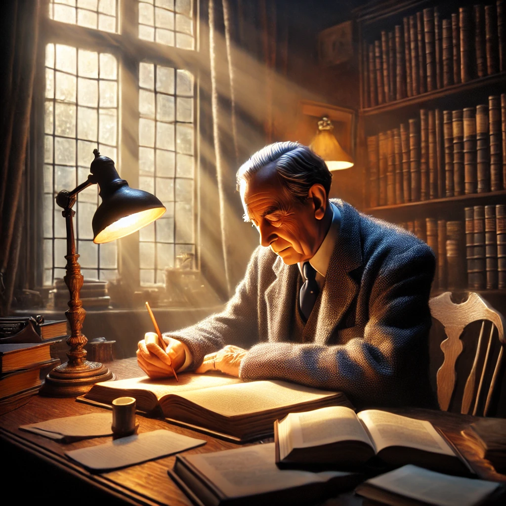 An artistic representation of C.S. Lewis sitting at a wooden desk, writing in a notebook, surrounded by books in a warmly lit study