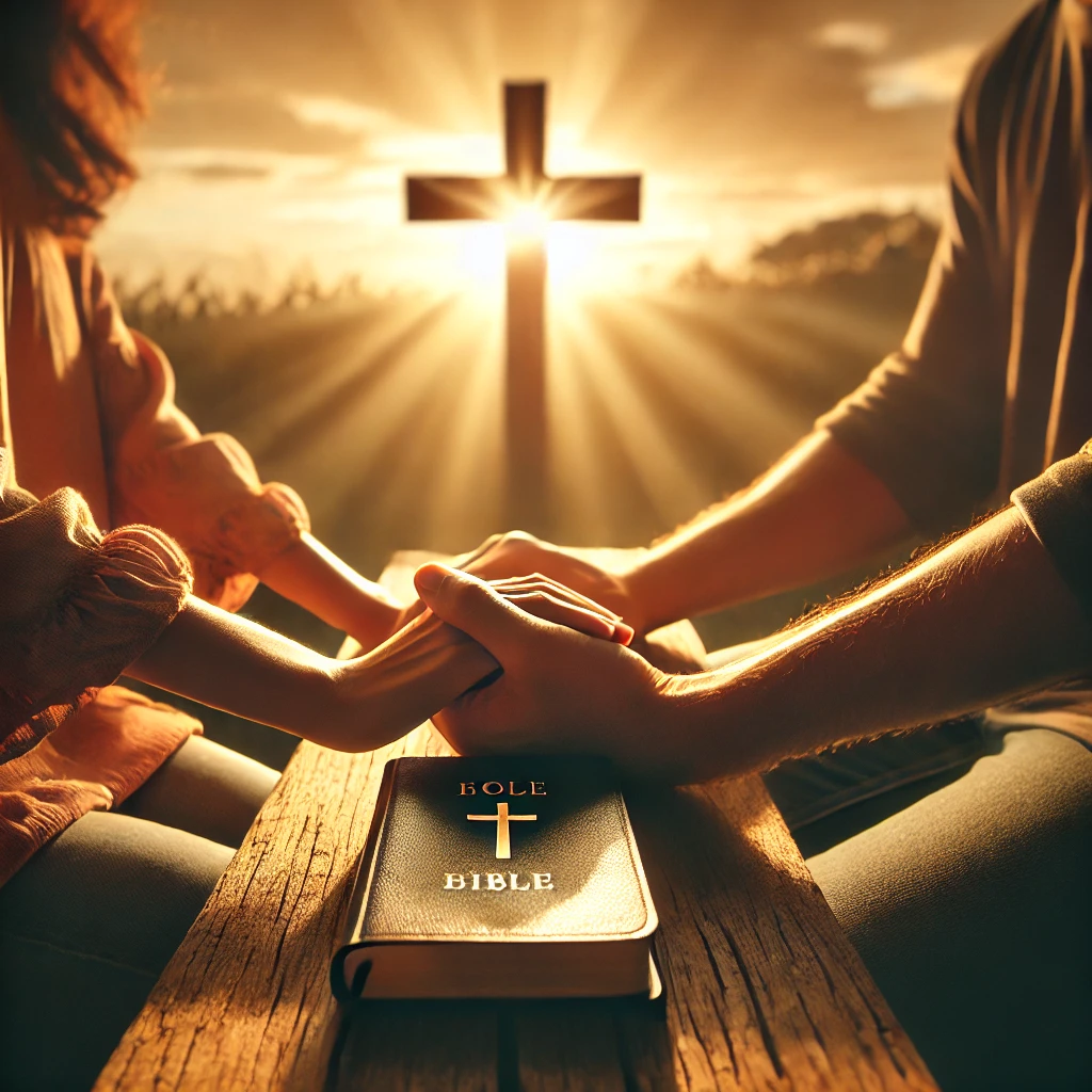 A couple sitting on a wooden bench under a golden sunset, holding hands in prayer with a Bible between them, and a radiant cross in the background.