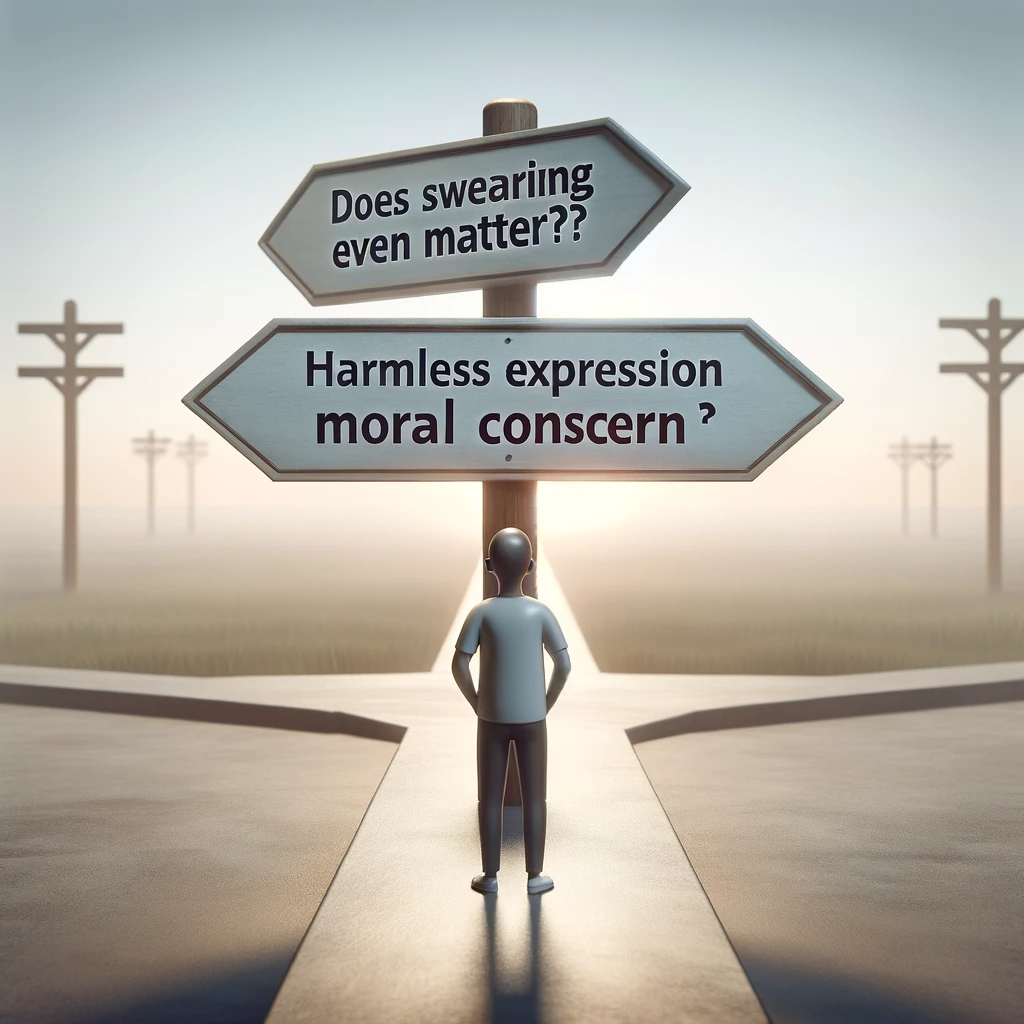 A person standing at a crossroads with two signs—one labeled "Harmless Expression" and the other "Moral Concern." The scene is balanced with light and shadow, symbolizing different perspectives on swearing.