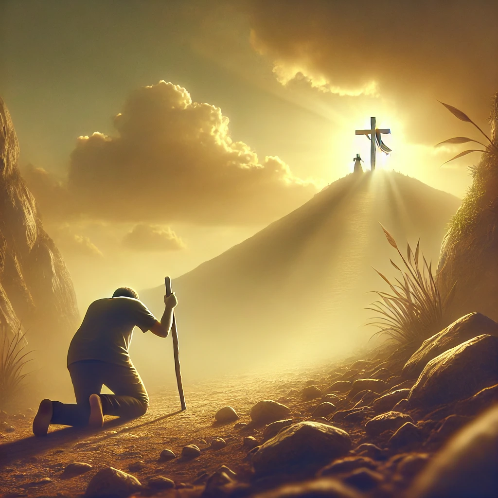 A person kneels on a rugged path after stumbling, looking up with determination as golden light shines down, symbolizing God’s grace and encouragement.