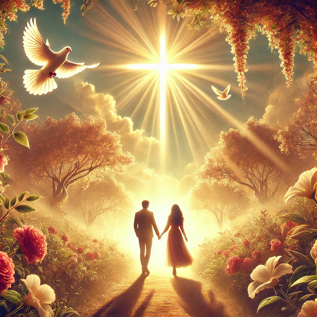 A couple walks hand in hand along a sunlit path surrounded by blooming flowers, with a glowing cross in the sky symbolizing divine guidance. Doves fly above as rays of light stream down, creating a warm and peaceful atmosphere.