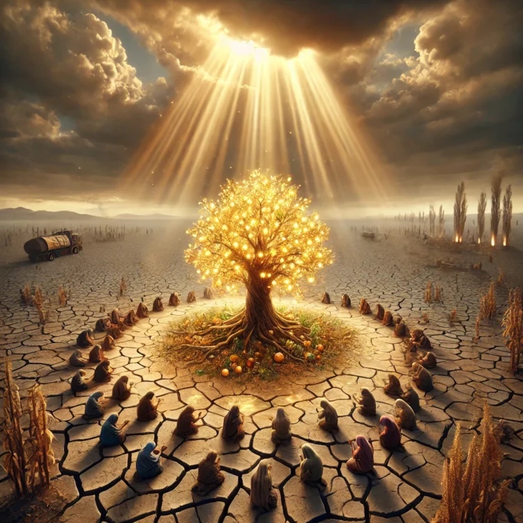 A symbolic scene showing a glowing tree of life emerging from cracked, barren earth, surrounded by hopeful people and radiant beams of light piercing through dark clouds.