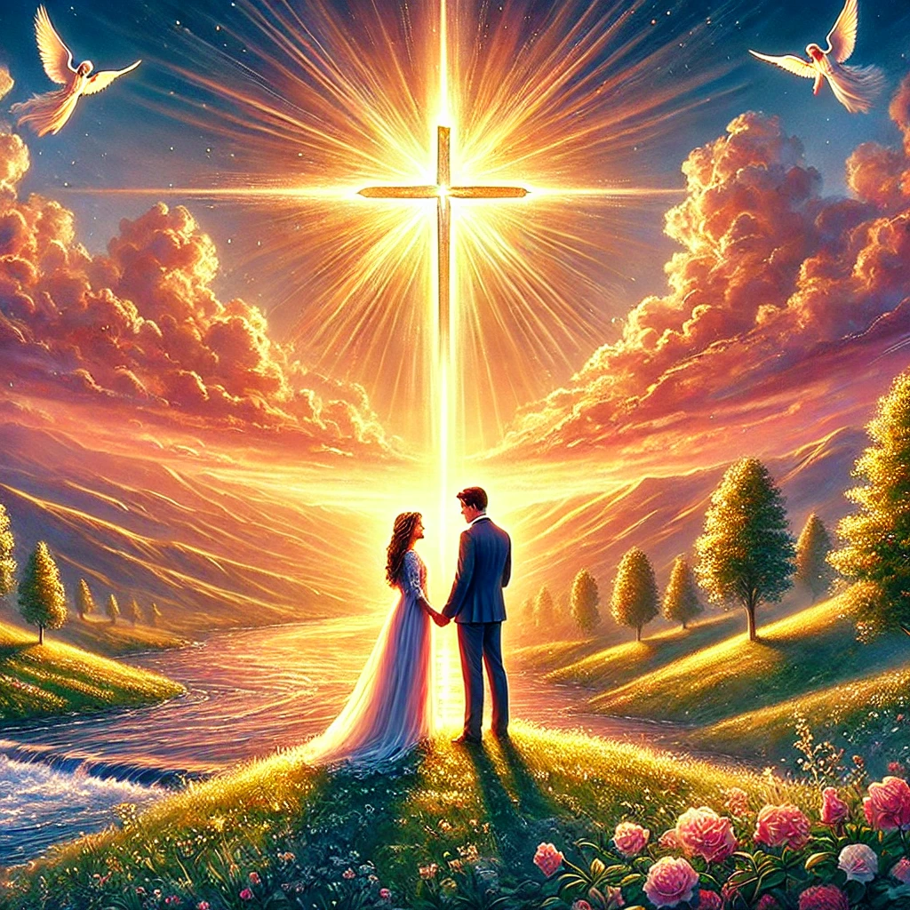 A couple stands on a hilltop at sunset, hands intertwined in prayer, as a radiant cross shines in the sky. Angels softly hover in the background, and a peaceful river flows below, reflecting God's divine presence.