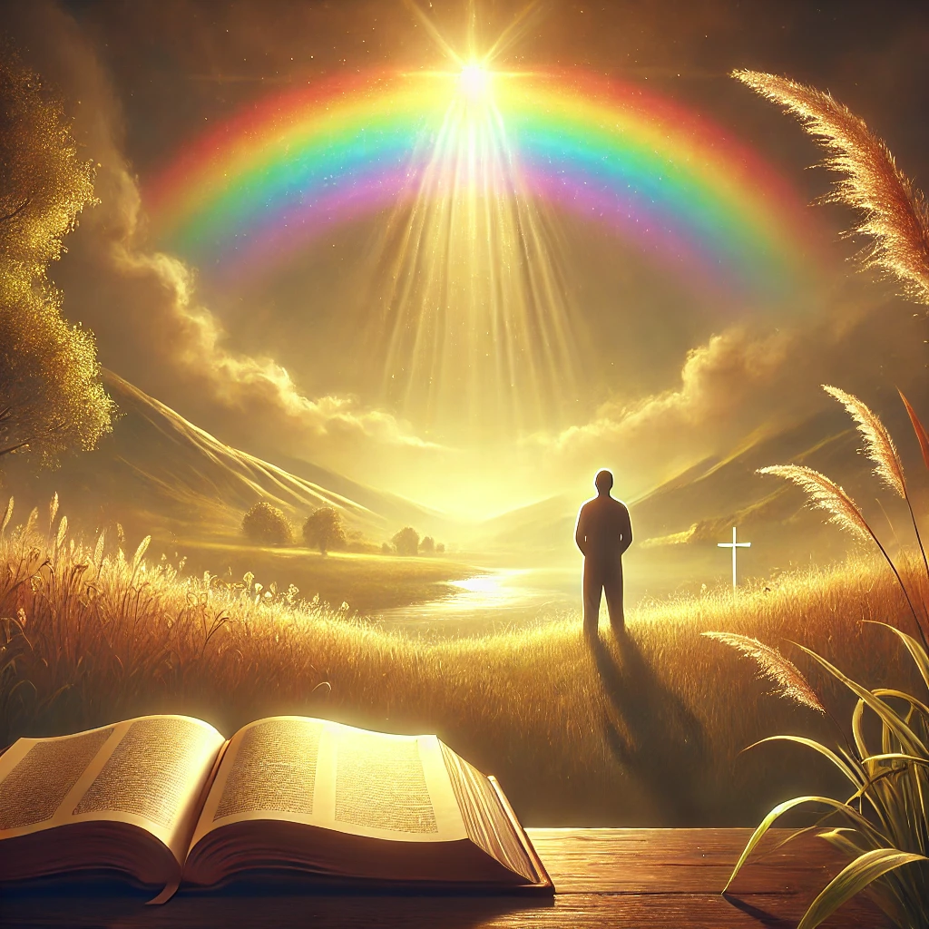  A person stands in a peaceful landscape, gazing at a vibrant rainbow in the sky, with an open Bible resting on a rock, symbolizing God’s faithfulness.