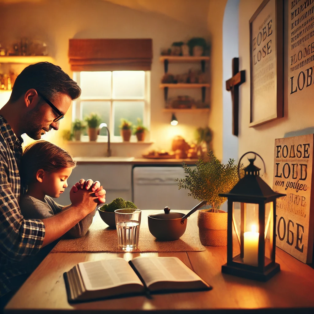 A parent and child sitting at a kitchen table, hands clasped in prayer before a meal, with a Bible open nearby, symbolizing faith in daily life.