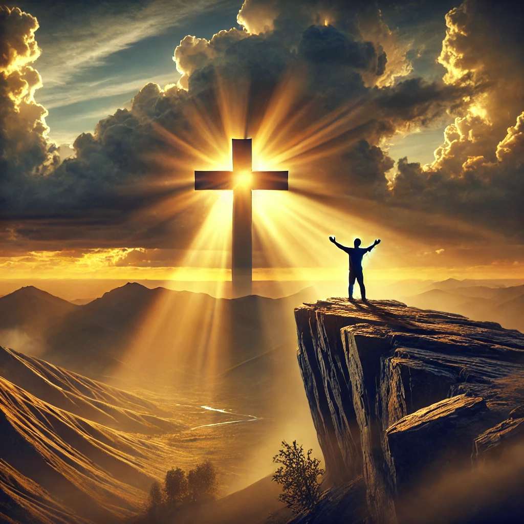 A person stands on a rocky cliff, arms raised to the sky, as golden light breaks through the clouds, symbolizing faith and reliance on God's strength.