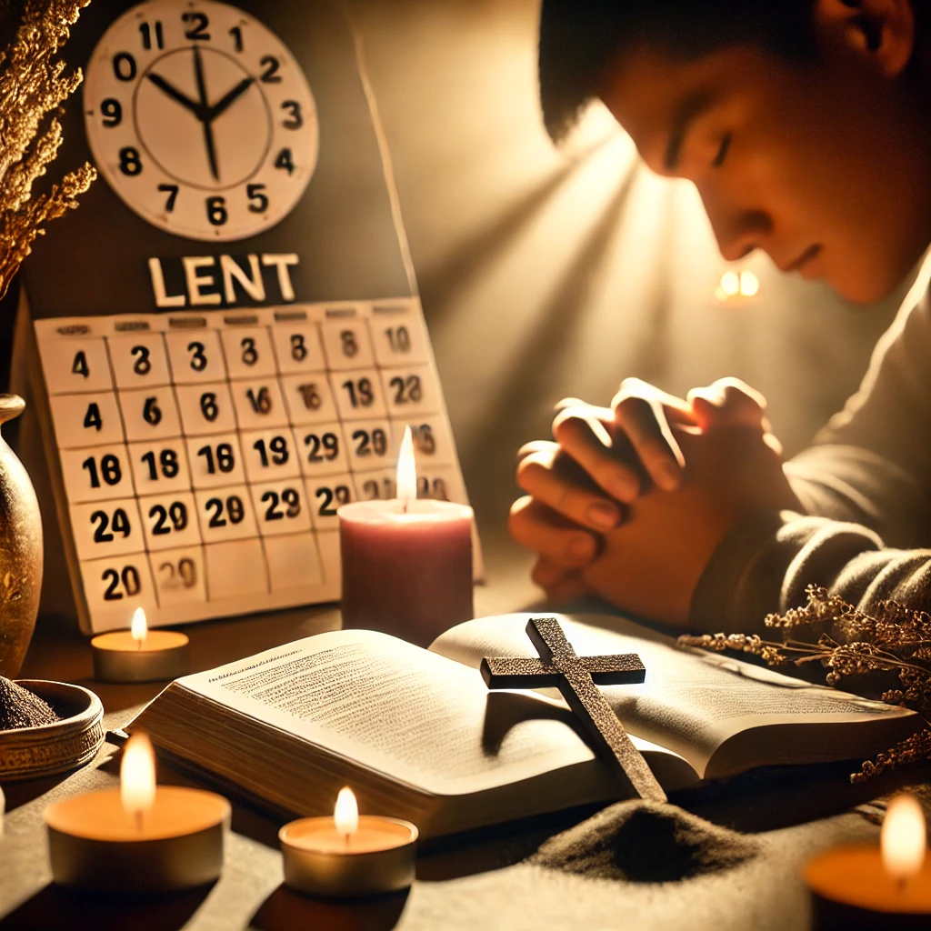 A person in prayer with an open Bible, a candle-lit ambiance, and a calendar marking the 40 days of Lent, symbolizing dedication and perseverance.