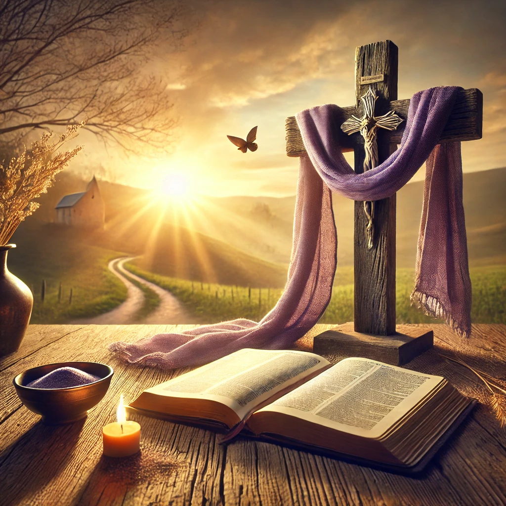 A wooden cross draped with a purple cloth at sunrise, symbolizing Lent. An open Bible, a bowl of ashes, and a lit candle rest on a wooden table, with rolling hills in the background.