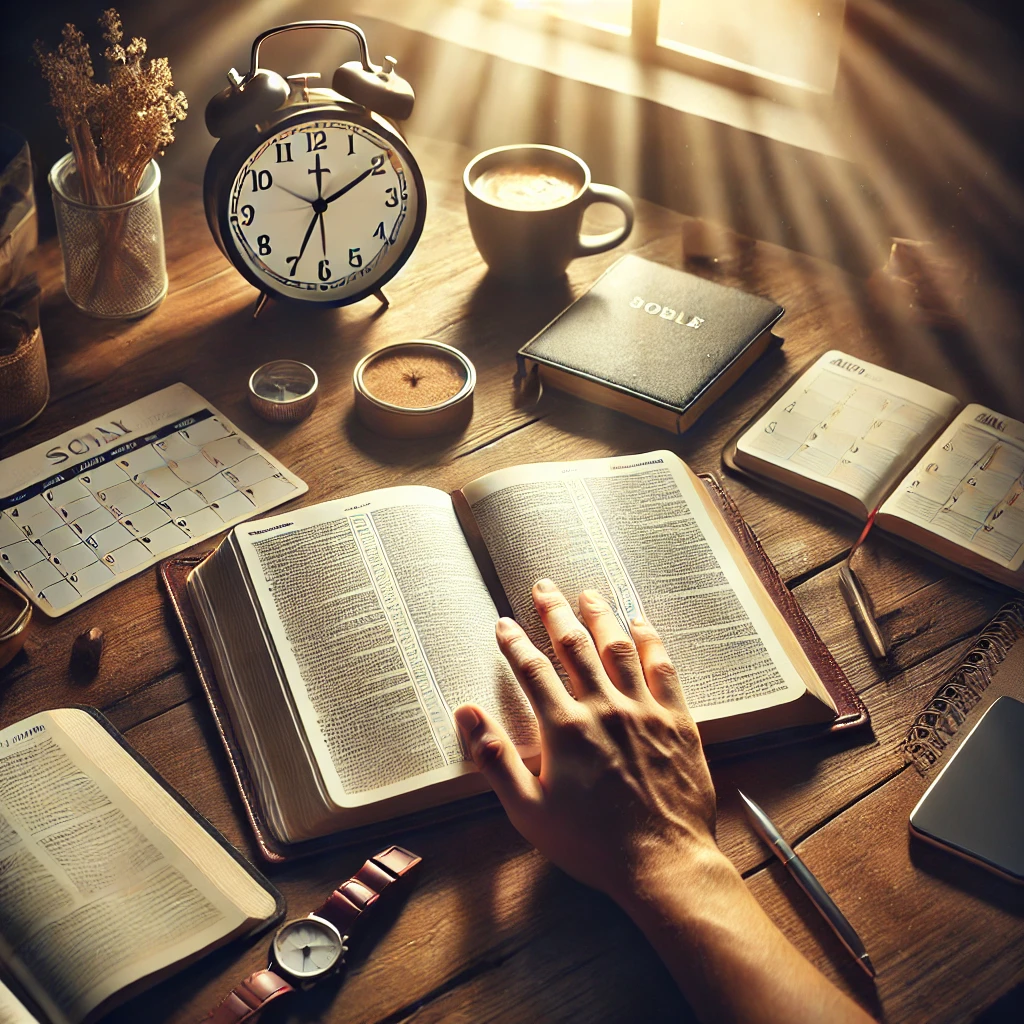  An open Bible sits at the center of a wooden desk, surrounded by a daily planner, a clock, and a cup of coffee. A hand reaches out to turn the page, illuminated by soft morning light.