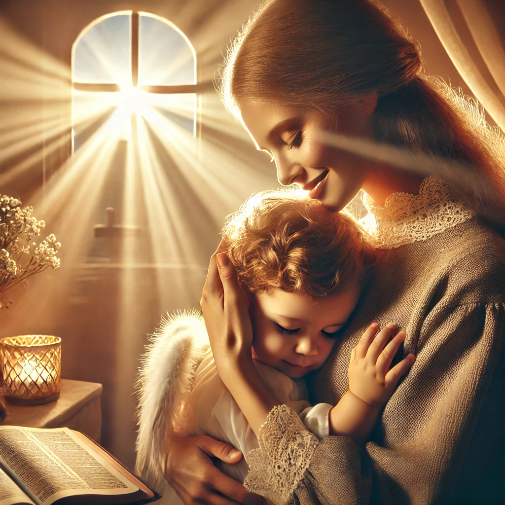 A mother embracing her child with warmth and care, bathed in soft golden sunlight, with a Bible resting on a nearby table.