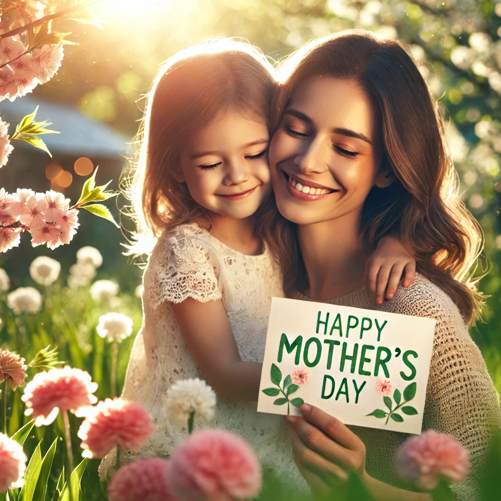 A loving mother and child embrace in a sunlit garden filled with blooming flowers. The child hands the mother a handmade card that reads 'Happy Mother's Day,' while sunlight filters through the trees, creating a warm and joyful atmosphere.