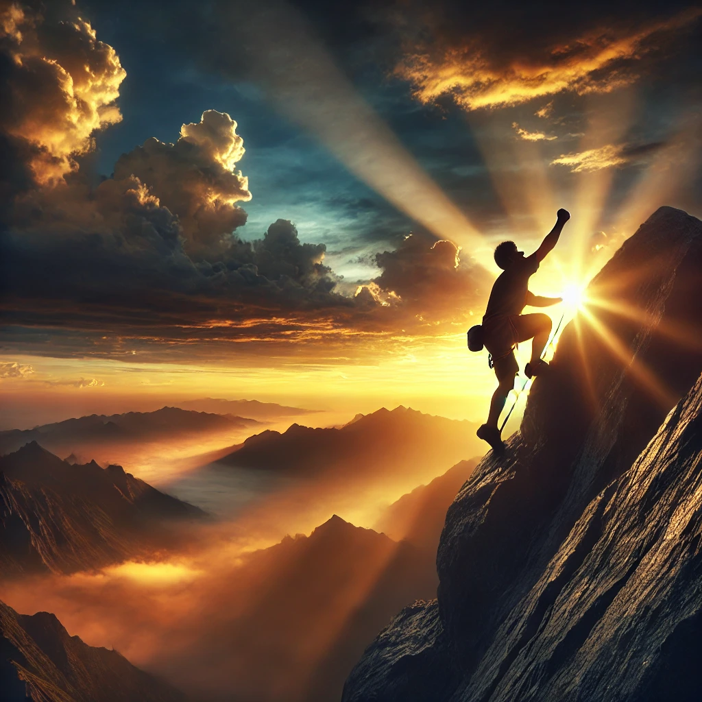 A determined climber scaling a steep mountain at sunrise, symbolizing resilience, perseverance, and hope.