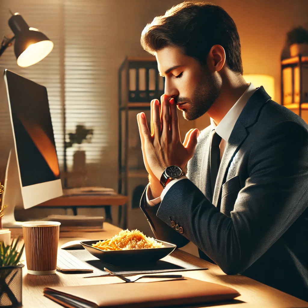 A professional person at work, sitting at a desk with a meal, hands clasped in prayer before eating, in a modern office setting.