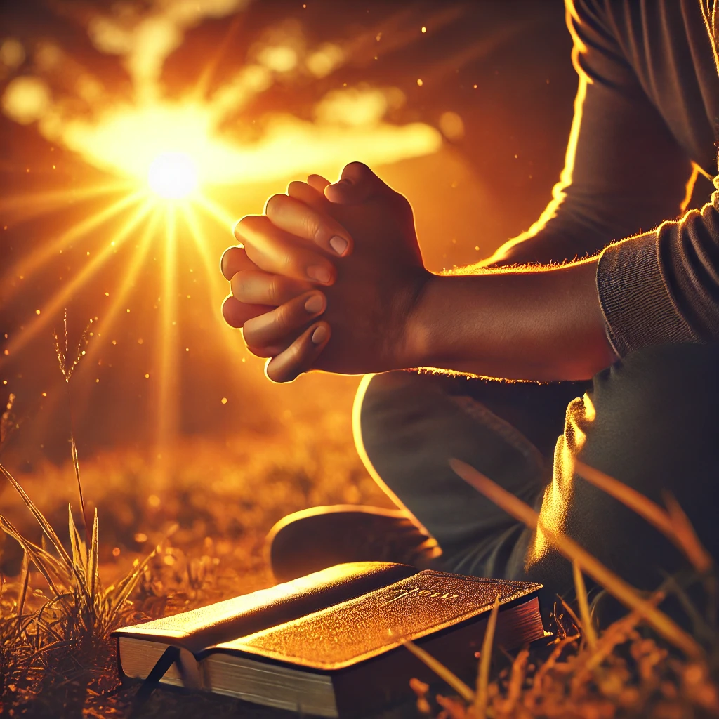 A person kneeling in prayer under a golden sunset, hands clasped, with an open Bible beside them in a peaceful meadow.