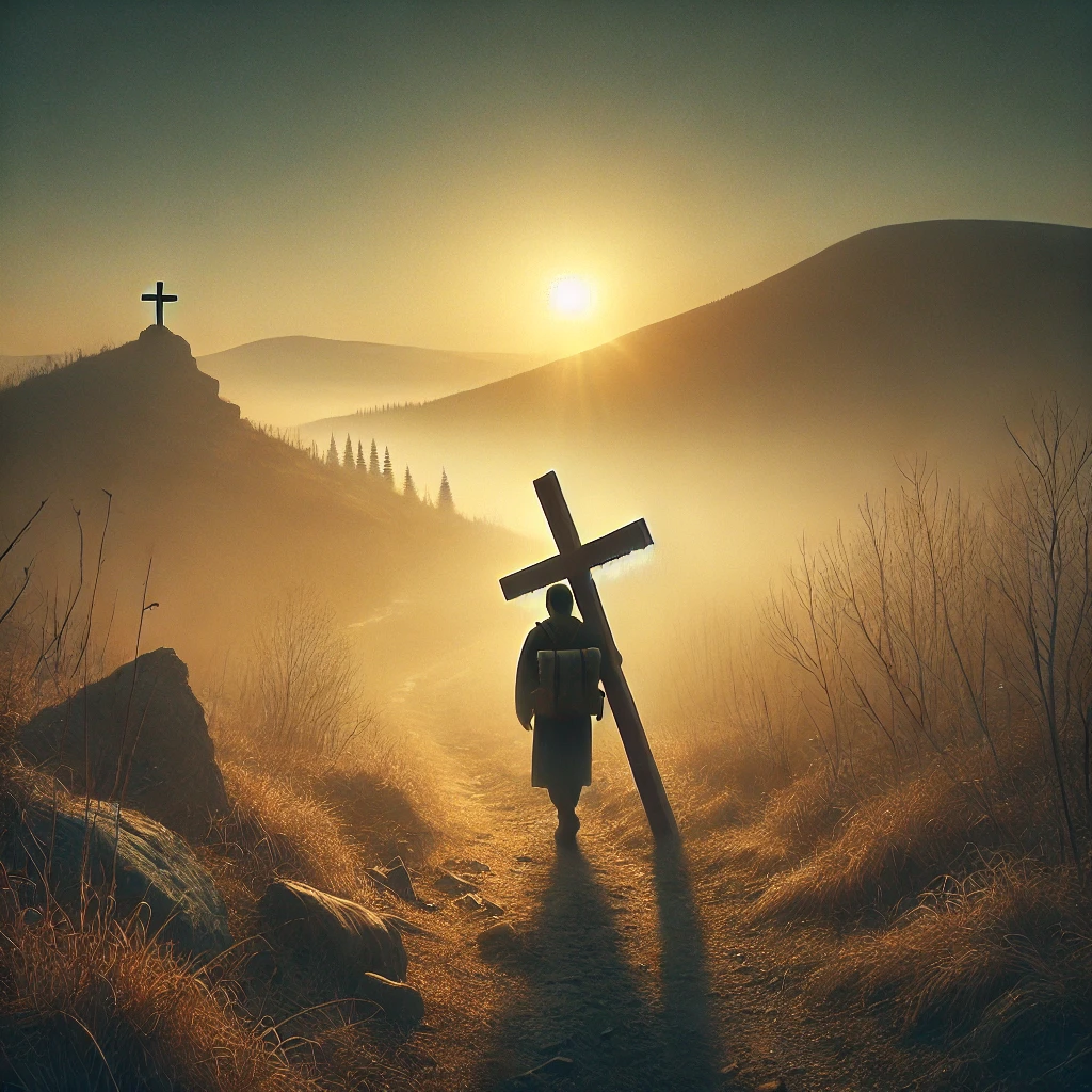 A person walking along a rugged path through a misty landscape, carrying a wooden cross, symbolizing faith, sacrifice, and perseverance during Lent.