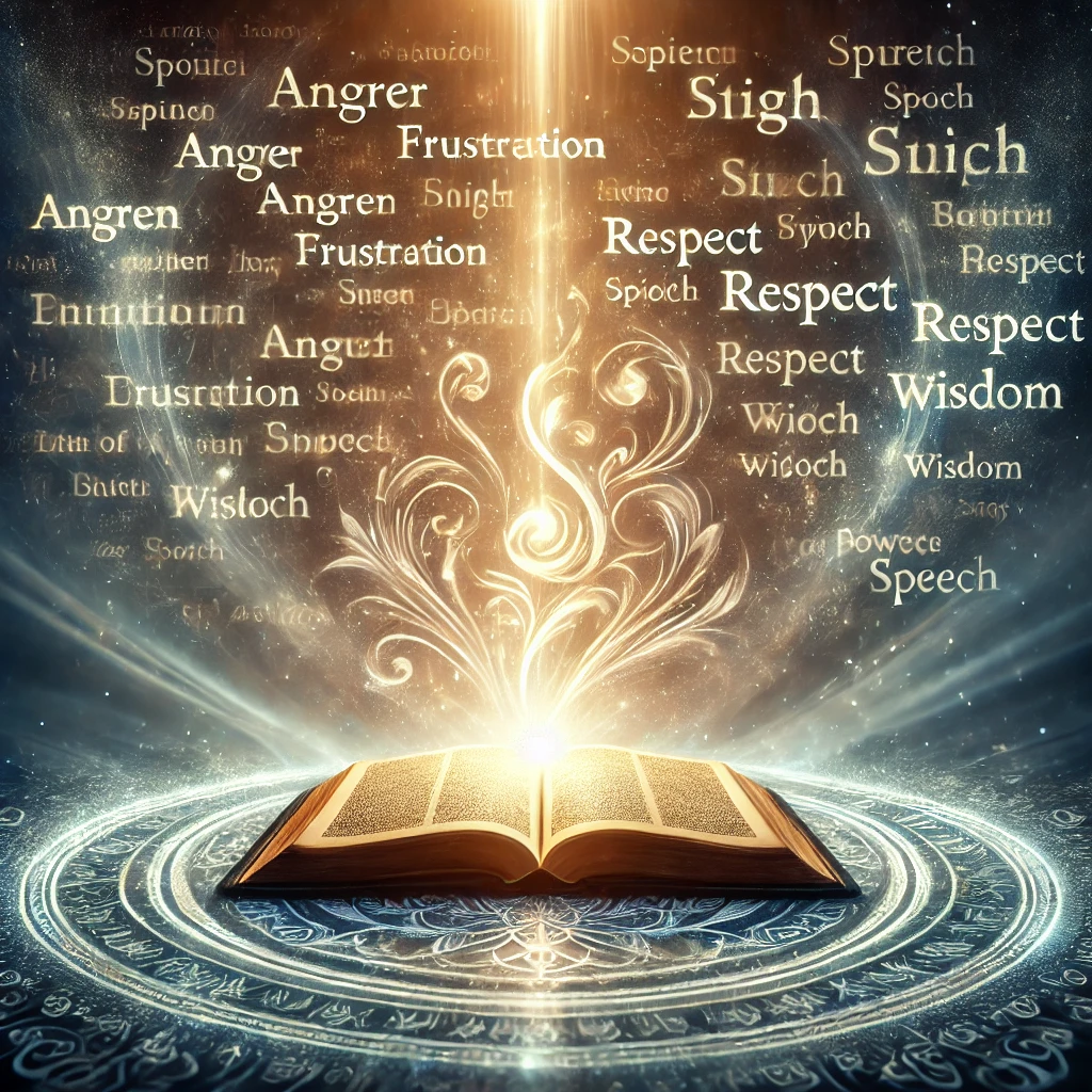 An open holy book glowing with divine light, surrounded by an ethereal atmosphere. Faint words representing emotions like anger, frustration, respect, and wisdom swirl in the background, symbolizing the power of speech in religious teachings.