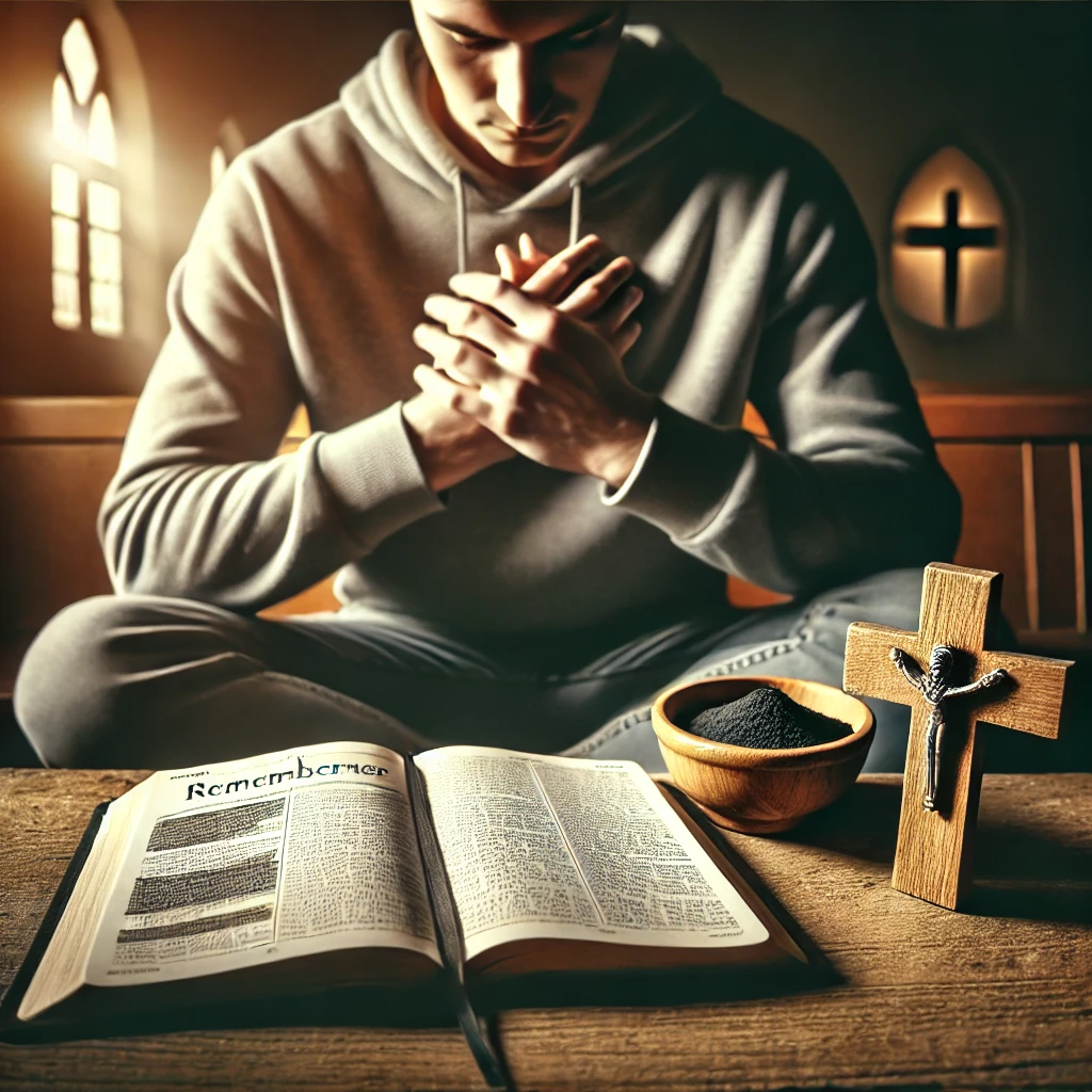 A person sitting in quiet reflection with hands over their heart, an open Bible, a wooden cross, and ashes nearby, illuminated by soft church window light.