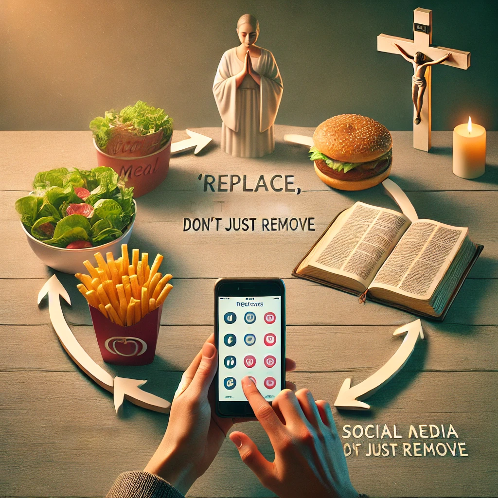 : A person replacing junk food with a healthy meal, swapping social media for a Bible app, and using idle time for prayer, with a cross and candles in the background.: A person replacing junk food with a healthy meal, swapping social media for a Bible app, and using idle time for prayer, with a cross and candles in the background.