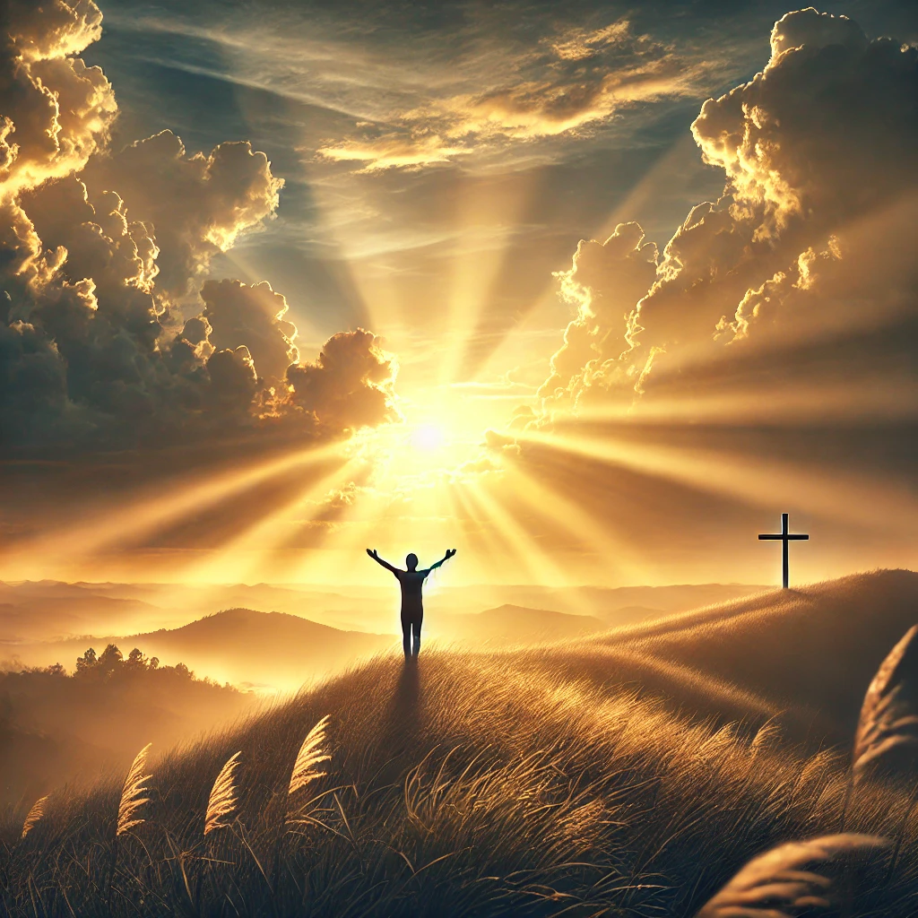 A person standing on a hilltop with arms raised towards the sky at sunrise, symbolizing trust in God's plan. The golden rays of the sun break through the clouds, creating a peaceful and divine atmosphere.