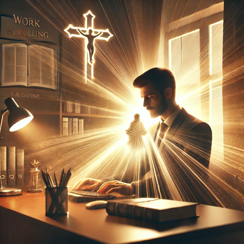 A person working at their desk, illuminated by warm golden light symbolizing divine guidance, with books, a cross, and an inspirational quote in the background.