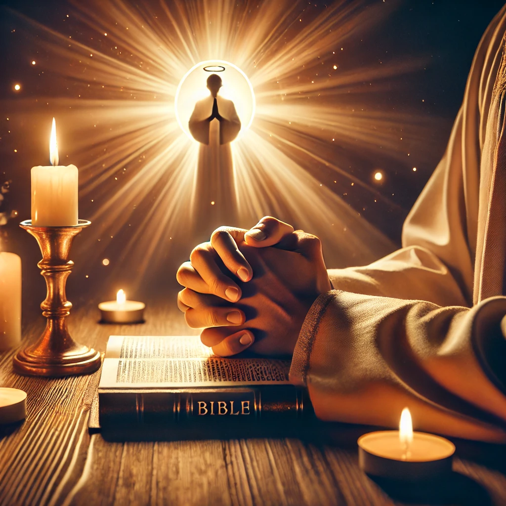 A person praying with hands gently clasped, illuminated by soft candlelight, with a Bible nearby and rays of light symbolizing divine presence.