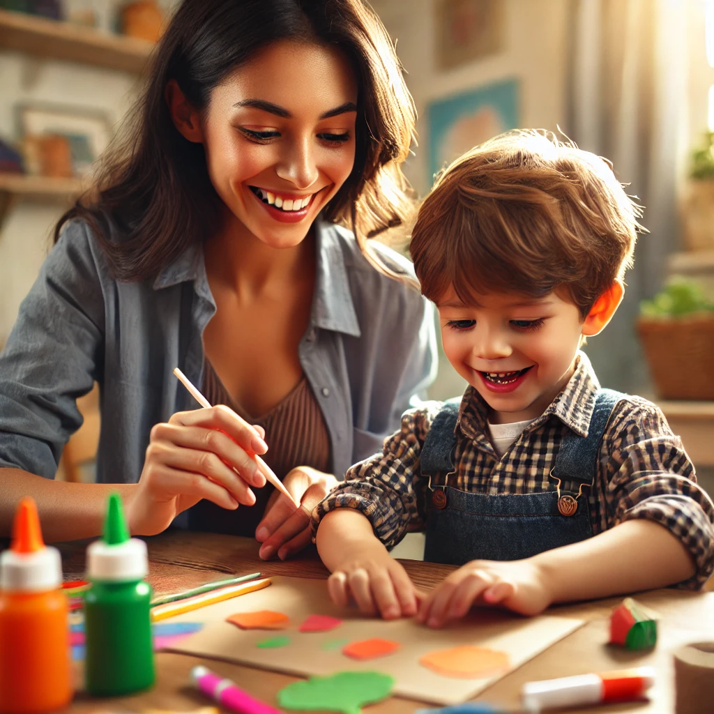 A parent and child happily engaging in a craft activity with colorful paper, glue, and markers in a cozy, well-lit home setting.
