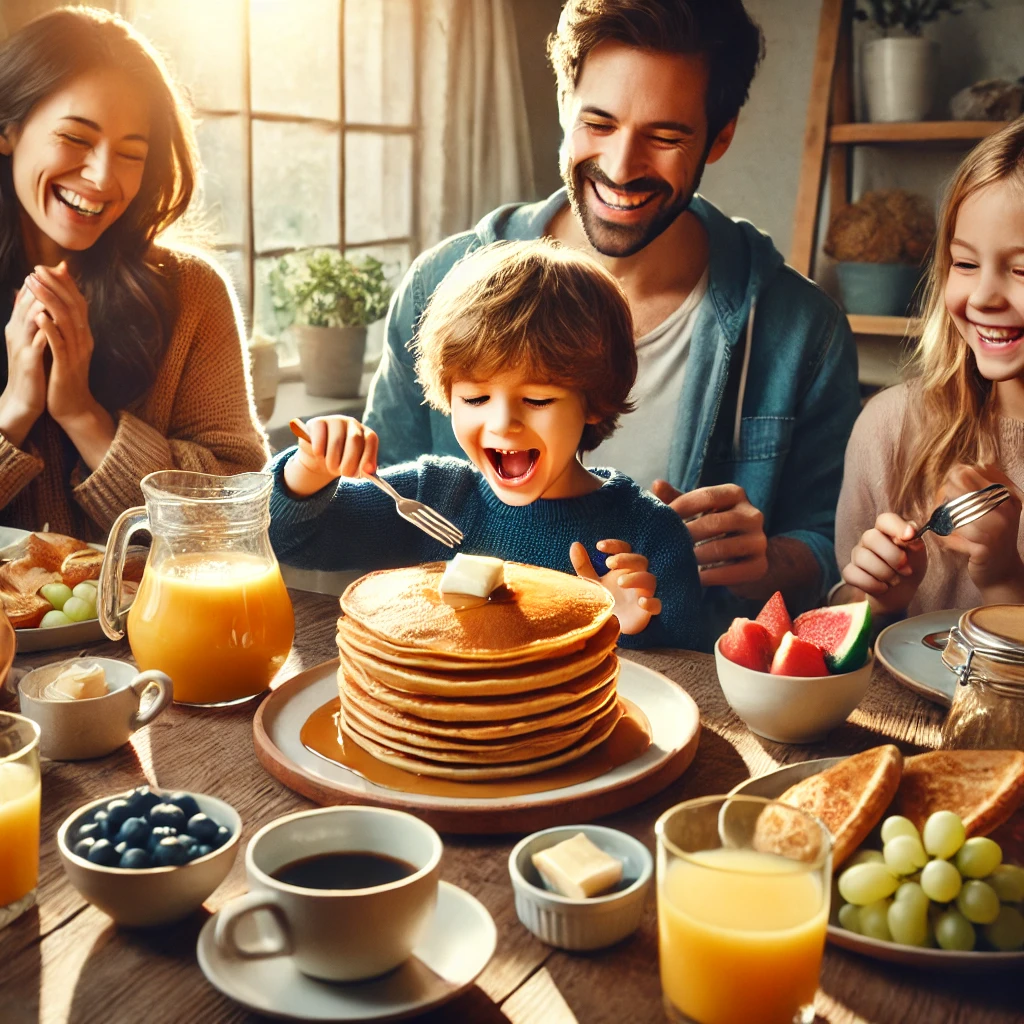 A happy family gathered around a wooden dining table, enjoying a breakfast of freshly made pancakes topped with syrup and butter, with bowls of fruit and drinks nearby.