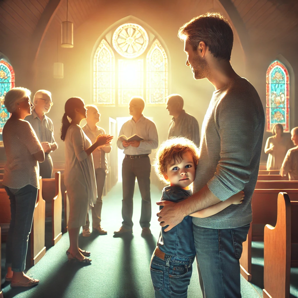 A parent gently guides their child towards a welcoming group of believers in a sunlit church, fostering fellowship and connection.