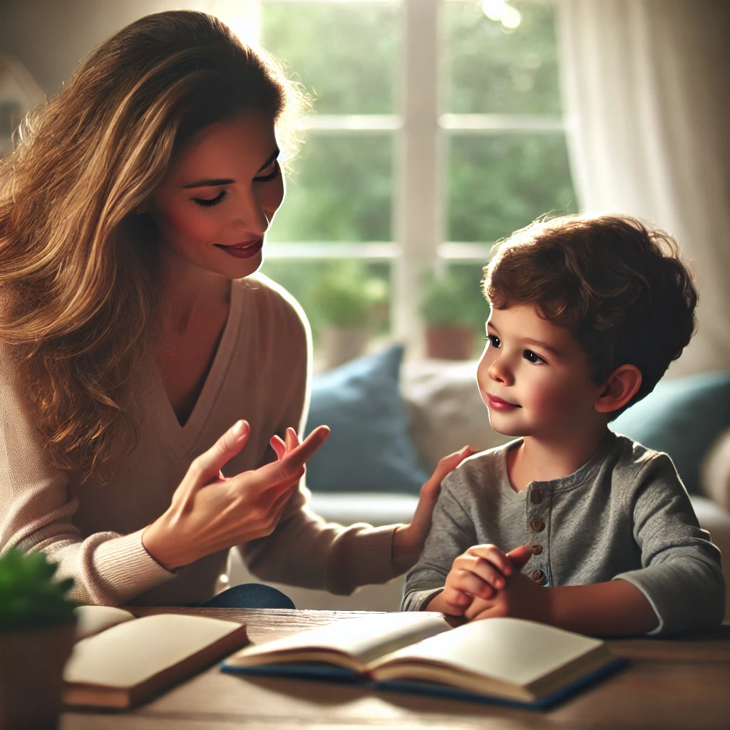 A parent and child sitting together in a cozy home setting, engaged in a meaningful discussion with an open book and notebook on the table.