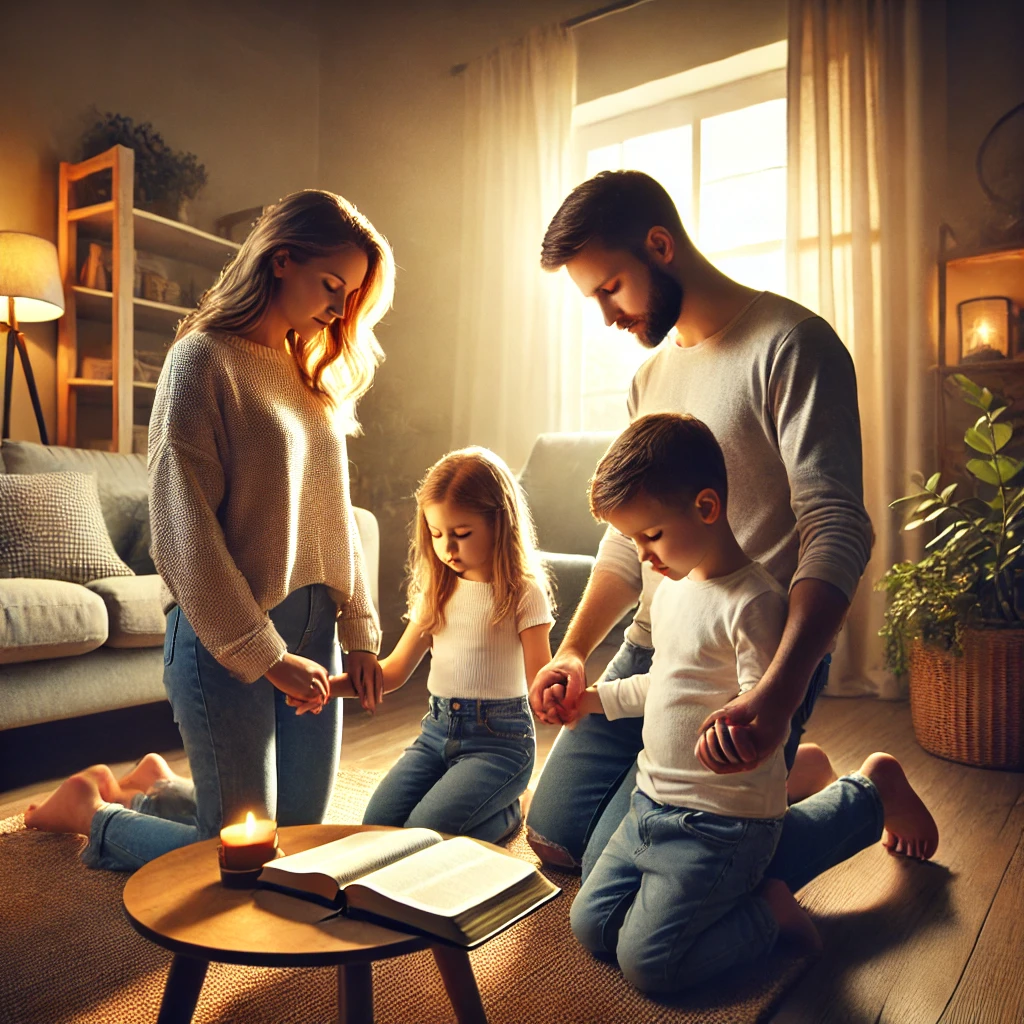 A family of four—parents and two children—kneeling together in prayer in their living room, holding hands with eyes closed in worship. A Bible is open on a nearby table, and warm light filters through the window.