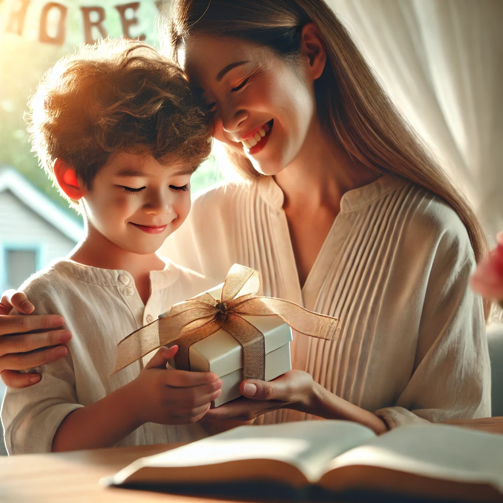 A child presents their mother with a small gift or bouquet of flowers in a cozy home, while she smiles warmly, with a Bible resting on a nearby table.
