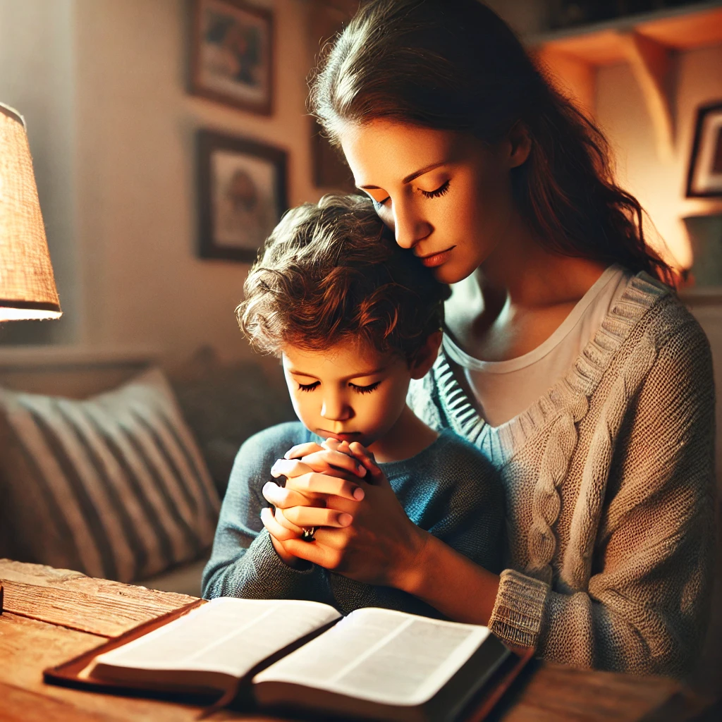 A parent and child holding hands in prayer at home, with a Bible open on a wooden table. A warm light from a nearby lamp creates a peaceful and loving atmosphere.